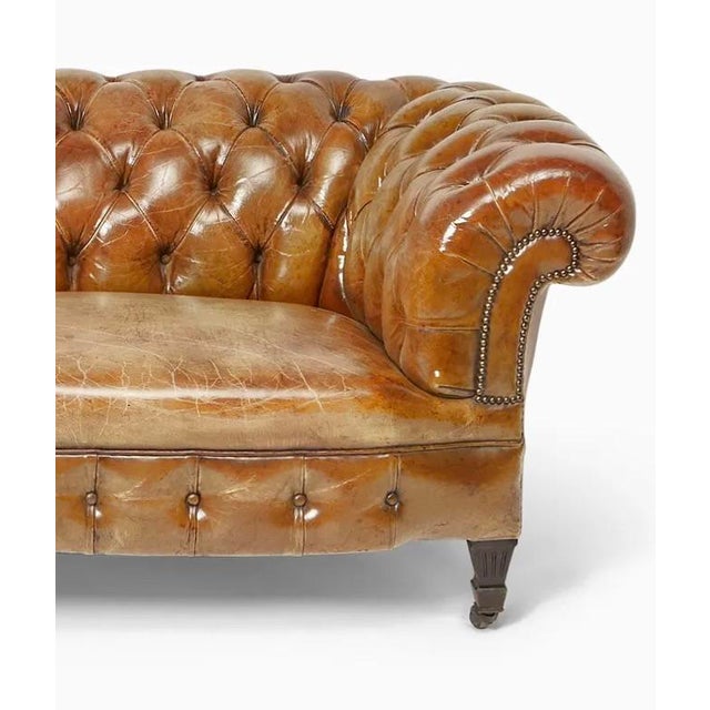 Animal Skin Circa 1930s English Chesterfield Tufted Leather Sofa in Original Distressed Tan Leather For Sale - Image 7 of 9