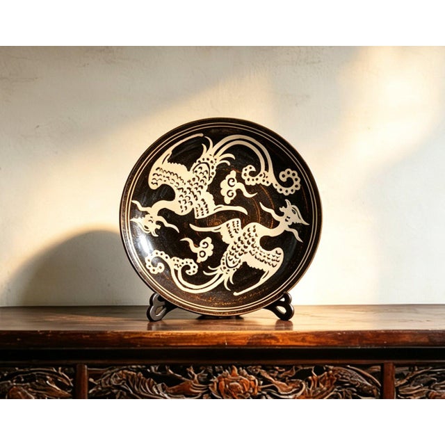 Art Deco Chinese Ceramic Plate,Jizhou Ware Black Glaze Porcelain Plate Hand Carved Double Phoenix Pattern For Sale - Image 3 of 10