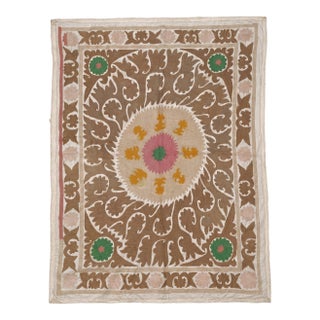 Suzani Textile Wall Art - Neutral Tan Samarkand Embroidery 3'10'' X 5'3'' For Sale