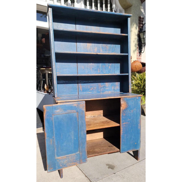 Folk Art Early 19Thc Original Blue Painted Step Back Pewter Cupboard For Sale - Image 3 of 9