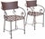 A handsome pair of vintage wrought iron garden dining armchairs featuring elegant scroll arms, lattice seats, and a...