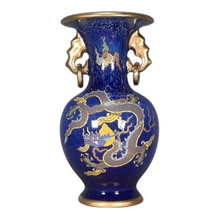Deep Blue Gilded Dragon Porcelain Vase, Twin Gold Ring Handles Decorative Vase For Sale