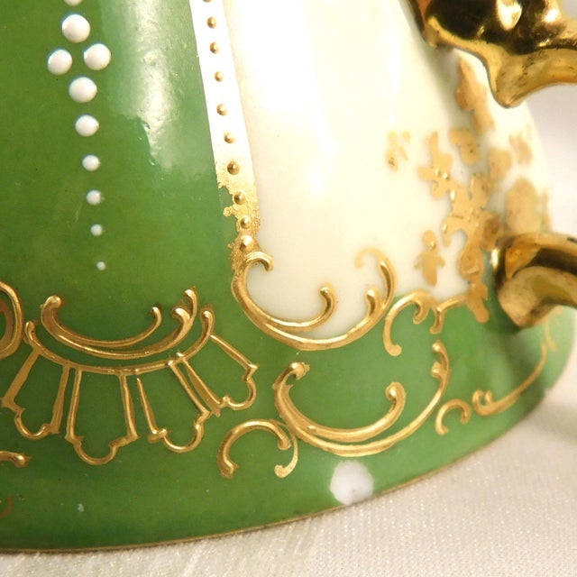 1930s Dresden Covered Two Handle Dessert Cup and Underplate With Raised Gold Trim For Sale - Image 17 of 18