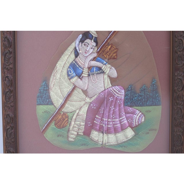 Indian Indian Hand Painted Peepal Fig Leaf Painting of Female Musician Framed For Sale - Image 3 of 6