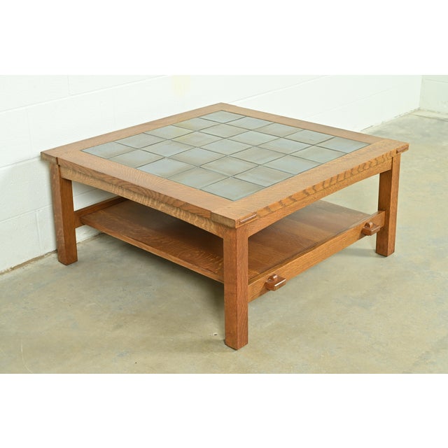 Stickley Stickley Mission Oak Arts & Crafts Two-Tier Tile Top Coffee Table or Cocktail Table For Sale - Image 4 of 13