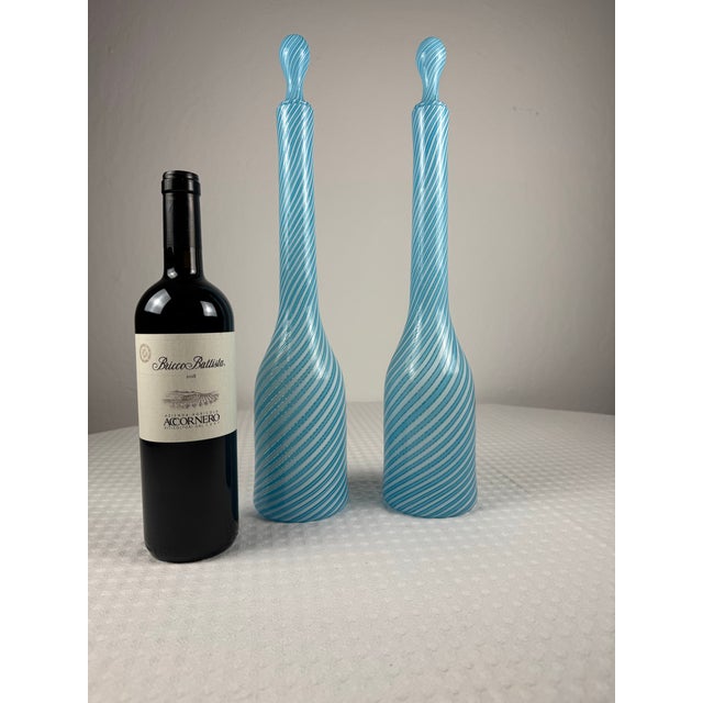 Sky Blue Rare Pair of Fratelli Toso Murano Vintage Italian Glass Decanters For Sale - Image 8 of 10