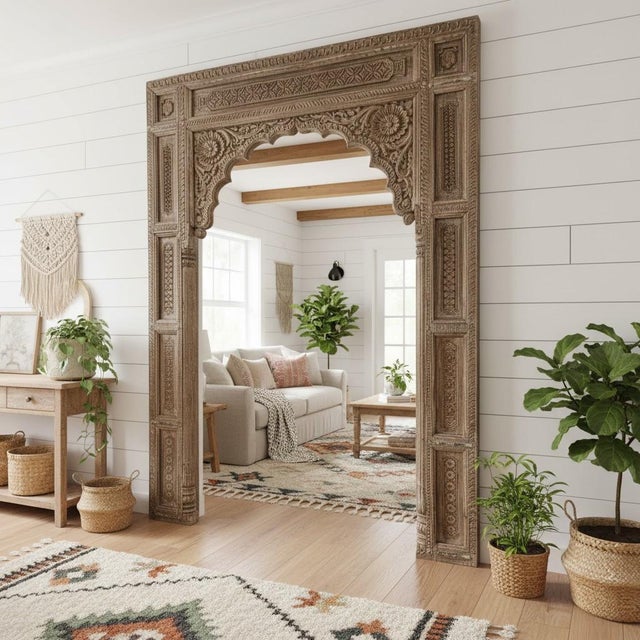 1920s Antique Carved Indian Jharokha Arch Doorway | Old World Architectural Salvage 108 For Sale - Image 5 of 5