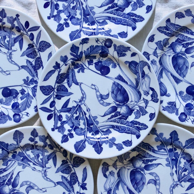 Set of six antique ironstone appetizer/dessert plates, circa 1930. They feature a lovely monochrome cobalt blue design on...