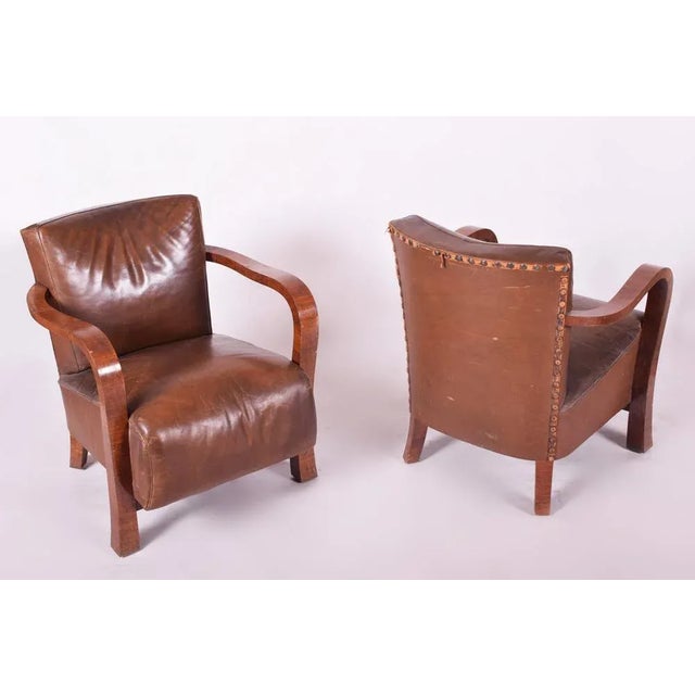 Vintage Art Deco Lounge Set in Walnut and Leather, 1930s, Set of 3 For Sale - Image 9 of 11