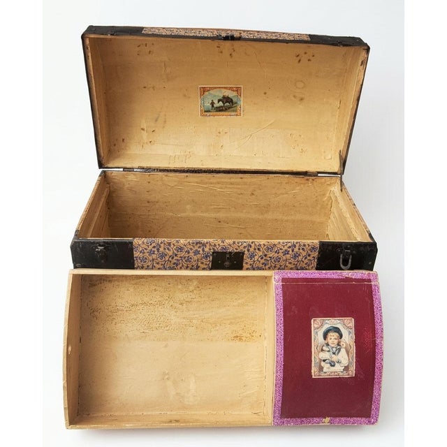 Late 19th Century Victorian Dome-Top Steamer Trunk - Blue & Gold Floral Embossed Tin For Sale - Image 4 of 11