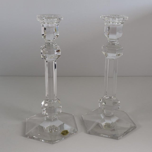Pair of Val Saint Lambert Belgian Crystal Candlesticks Signed & Labeled For Sale - Image 11 of 11