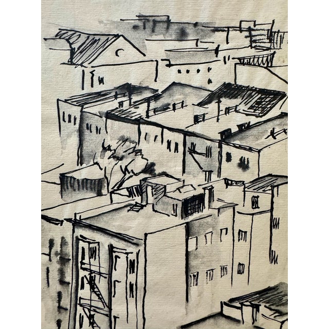 Rustic Henry Emil Salloch Original Pen and Ink on Paper Urban Scene, 1957. For Sale - Image 3 of 7