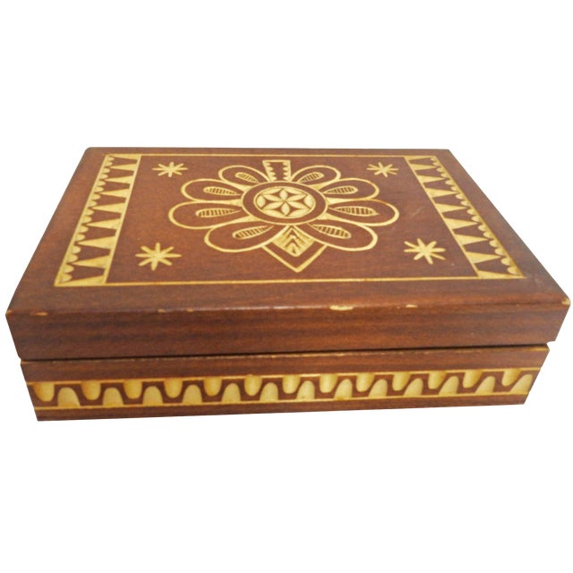 Vintage Hand-Carved Wood Box For Sale