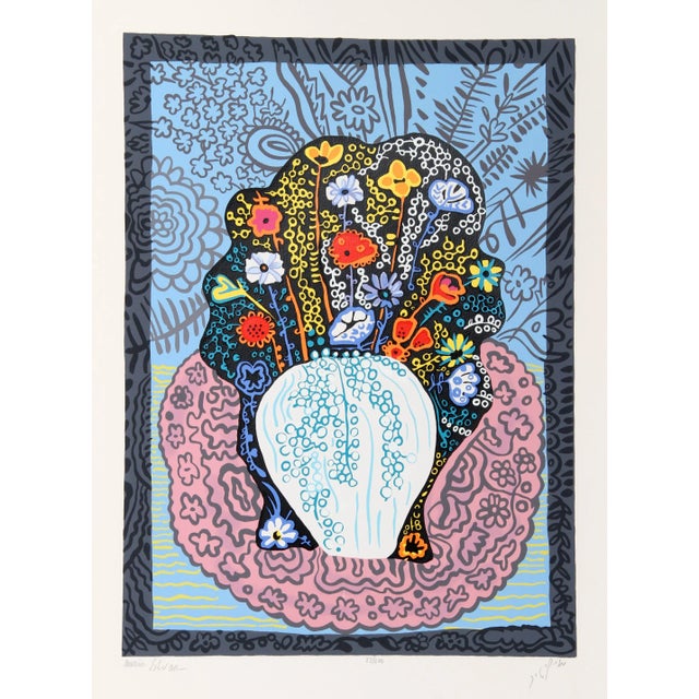 Folk Art Flower Symphony - Blue, Menia Litvak, Screenprint For Sale - Image 3 of 3