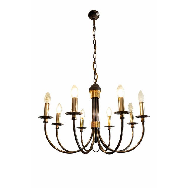 Large vintage chandelier, silver and gold metal, circa 1980 Large eight-light chandelier, metal frame with gold spiral...