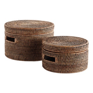 Burma Rattan Round Lidded Boxes, Set Of 2 For Sale