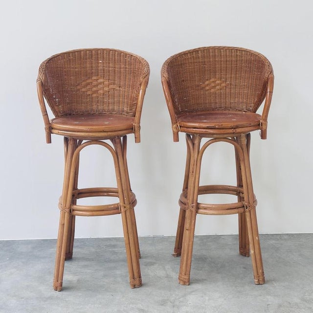 Swivel Rattan Bar Stools, France, 1970s, Set of 2 For Sale - Image 12 of 13