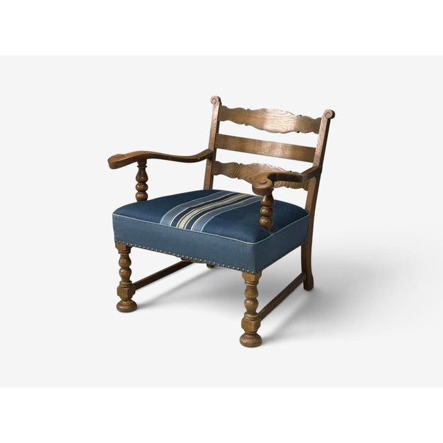 Mid-Century Modern Danish Cabinetmaker, Armchair, Wool, Carved Oak, Denmark, 1920s For Sale - Image 3 of 14