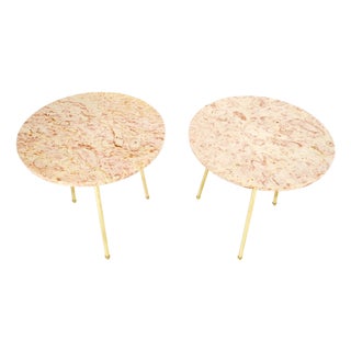Pair Round Rouge Marble Top Tri Legged Brass Base Mid-Century Modern End Tables For Sale