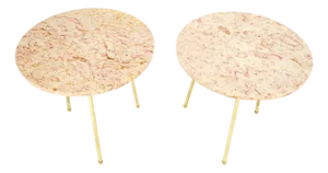 Pair Round Rouge Marble Top Tri Legged Brass Base Mid-Century Modern End Tables