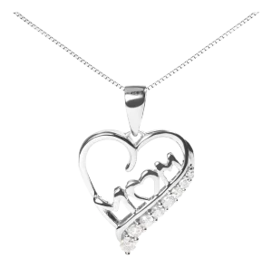 .925 Sterling Silver 1/4 Cttw Diamond "Mom" and Open Heart 18" Pendant Necklace (I-J Color, I2-I3 Cl