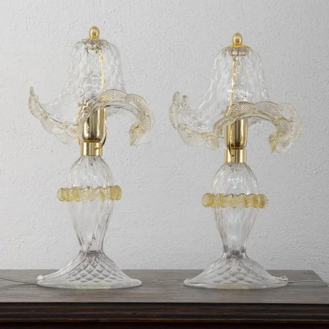 Transparent Murano Glass Table Lamps with Artistic Golden Artistic Decorations, Italy, Set of 2 For Sale - Image 3 of 9