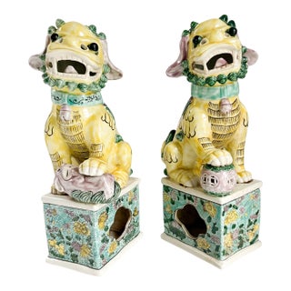 Antique Famille Rose Style Ceramic Foo Dog Figurines For Sale