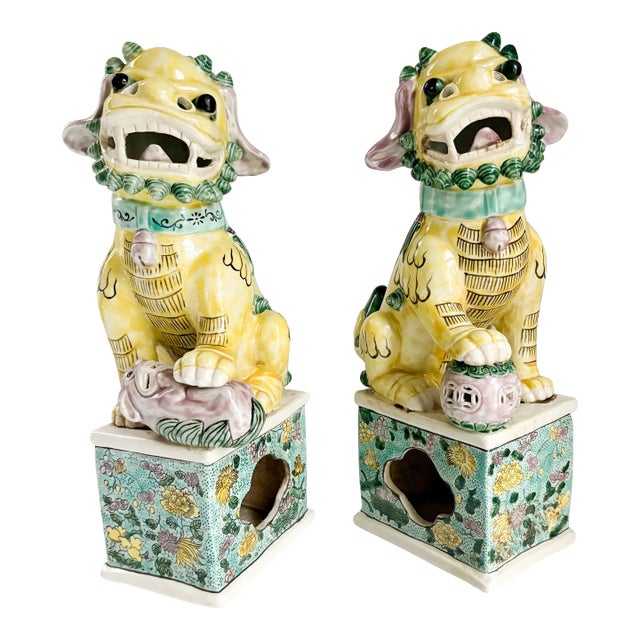 Antique Famille Rose Style Ceramic Foo Dog Figurines For Sale