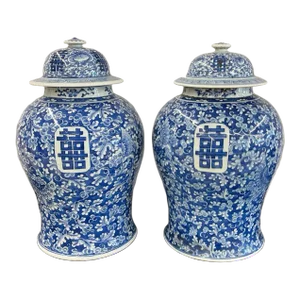 Pair of 19th Century Blue and White Lidded Temple Jars/Urns
