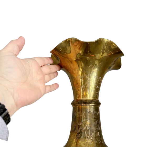 Art Deco 1960’s Extra Large Etched Solid Brass Fluted Vase For Sale - Image 3 of 6