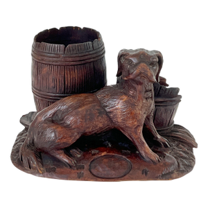 Antique 19th C Black Forest Hand Carved Smoker's Stand/Cigar Caddy Dog W/Barrel & Bucket
