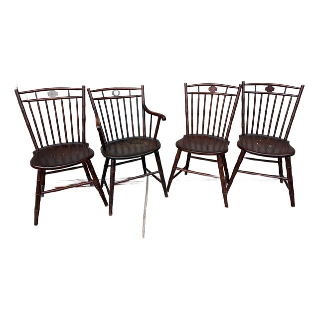 A Very Rare Set of 4 Inlaid Birdcage and Butterfly Windsor Chairs, Philadelphia, Circa 1810's For Sale
