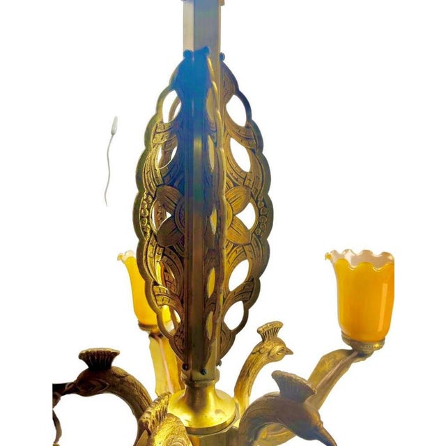 1930s Art Deco Bronze Chandelier Details with 5 Glass Shades, 1930s For Sale - Image 5 of 18