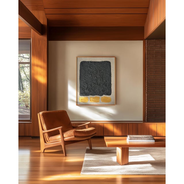 Gold and Carbon Painting on Spanish Linen Minimalist Painting, Framed Gold Under For Sale - Image 4 of 5