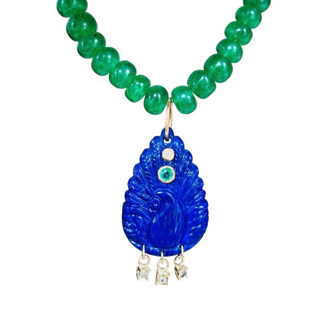 Lapis Peacock Pendant With Emeralds, Diamonds & 14k Gold For Sale - Image 4 of 13
