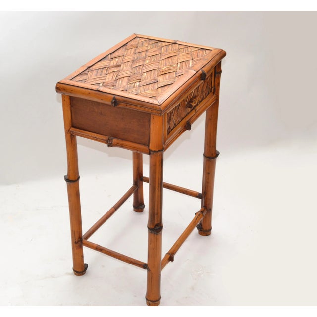 Mid-Century Modern Vintage Bohemian Handcrafted Mid-Century Modern Bamboo & Rattan Side Table With Drawer For Sale - Image 3 of 13