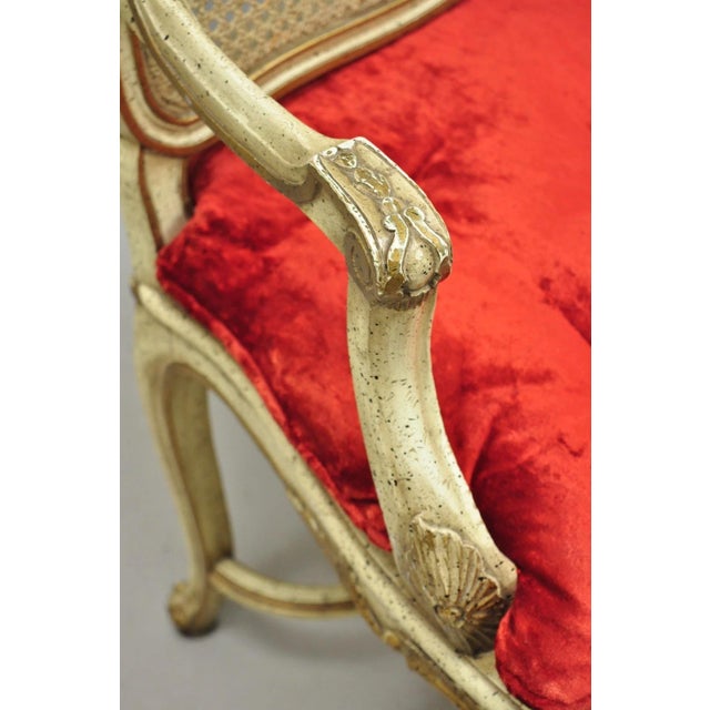 Vintage French Louis XV Style Cream Painted Carved Wood Cane Arm Chairs - A Pair For Sale - Image 13 of 18