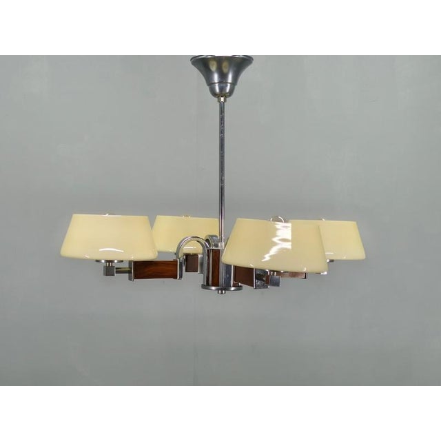 Art Deco Chandelier in Chrome, Wood and Glass, Czechoslovakia, 1930s For Sale - Image 3 of 14