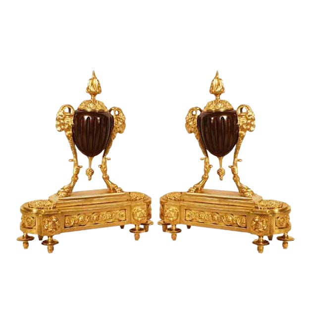 19th Century Louis XVI Gilt Bronze Ram Andirons, Set of 2 For Sale