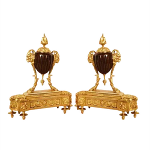 19th Century Louis XVI Gilt Bronze Ram Andirons, Set of 2