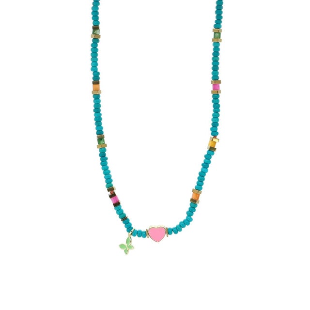 Early 21st Century Lucky Heart & Butterfly Turquoise Charm Necklace For Sale - Image 5 of 9
