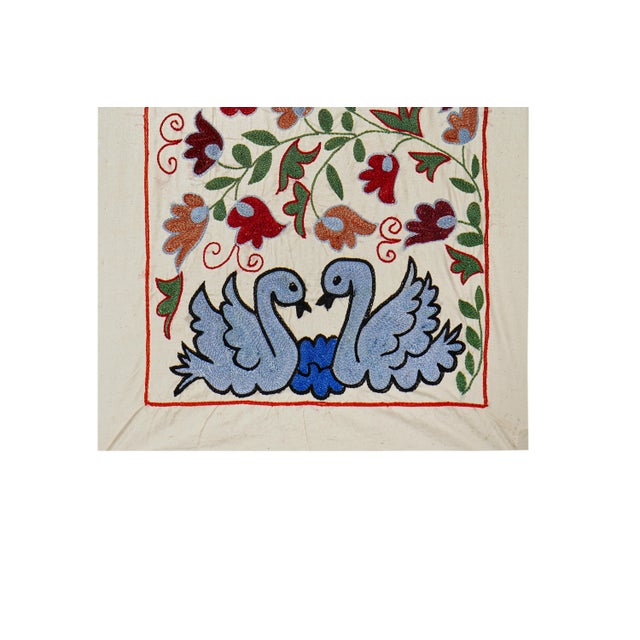 Mid-Century Modern Suzani Embroidered Wall Hanging With Bird & Duck For Sale - Image 3 of 8