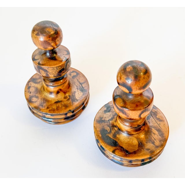 Contemporary Vintage Scorched Faux Bamboo Wooden Finials, a Pair For Sale - Image 3 of 7