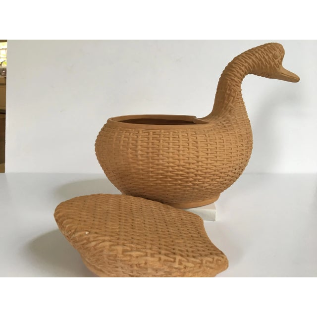 Figurative Late 20th Century Italian Terra-Cotta Wicker Motif Swan/Duck Shaped Lidded Container/Planter For Sale - Image 3 of 11