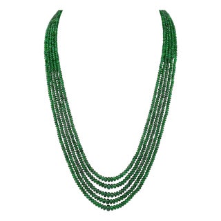 300ct Fine Emerald Beads 5 Line Necklace with 14 kt Yellow Gold Clasp Adjustable For Sale