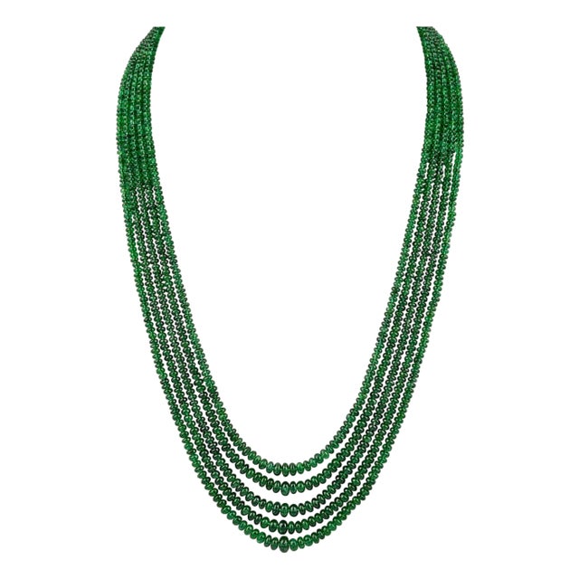 300ct Fine Emerald Beads 5 Line Necklace with 14 kt Yellow Gold Clasp Adjustable For Sale