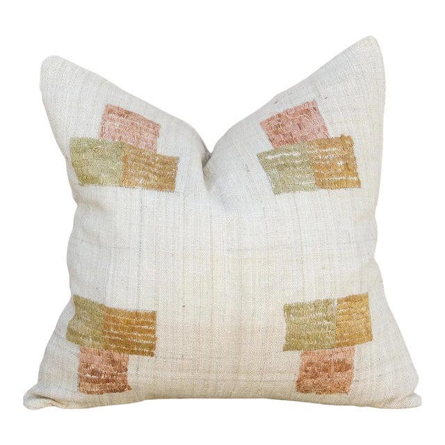 Vintage Akham Natural Embroidered Organic Silk Pillow For Sale