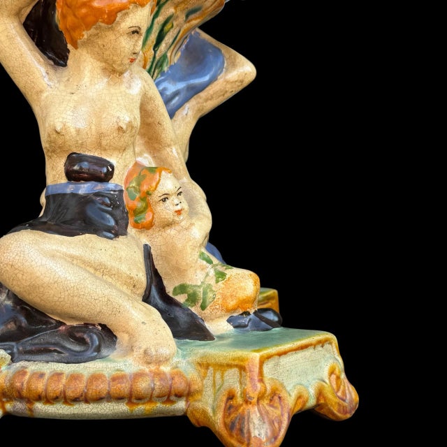 Antique Majolica Figural Tazza Centerpiece With Maiden & Cherub For Sale In San Diego - Image 6 of 7