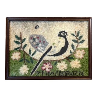 Antique 19th Century American Folk Art Needlework Textile Picture of a Peacock or Stylized Bird For Sale