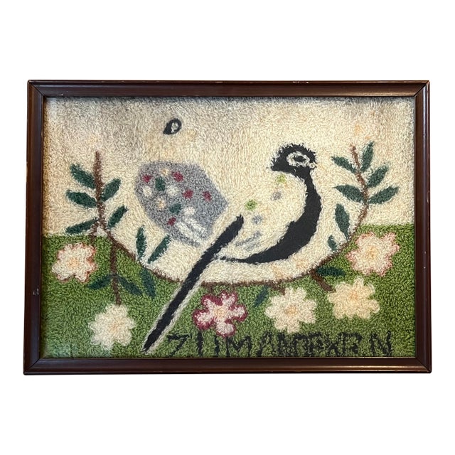 Antique 19th Century American Folk Art Needlework Textile Picture of a Peacock or Stylized Bird For Sale